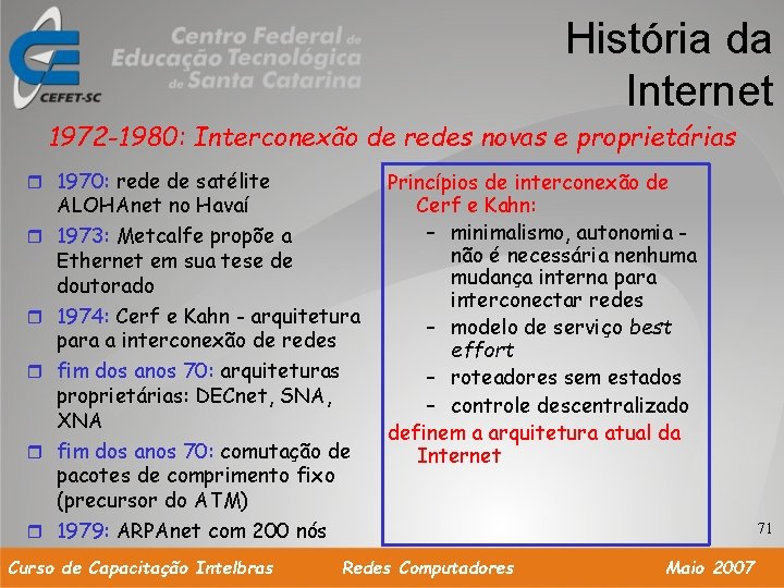 História da Internet 1972 -1980: Interconexão de redes novas e proprietárias 1970: rede de
