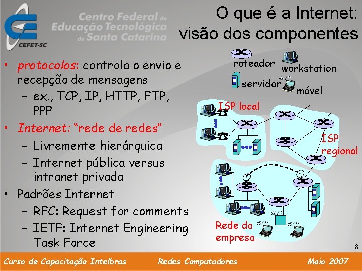 O que é a Internet: visão dos componentes • protocolos: controla o envio e