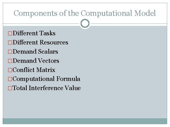 Components of the Computational Model �Different Tasks �Different Resources �Demand Scalars �Demand Vectors �Conflict Components of the Computational Model �Different Tasks �Different Resources �Demand Scalars �Demand Vectors �Conflict