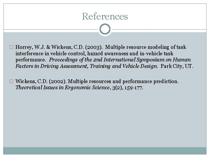 References � Horrey, W. J. & Wickens, C. D. (2003). Multiple resource modeling of References � Horrey, W. J. & Wickens, C. D. (2003). Multiple resource modeling of