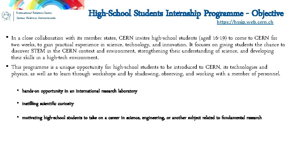 International Relations Sector Secteur Relations Internationales High-School Students Internship Programme - Objective https: //hssip.