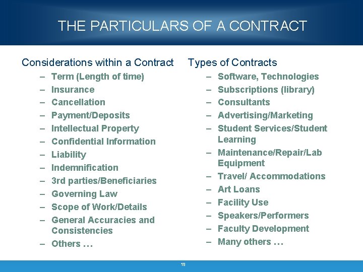 THE PARTICULARS OF A CONTRACT Considerations within a Contract Types of Contracts – –