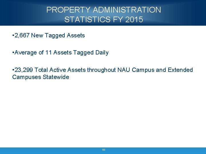 PROPERTY ADMINISTRATION STATISTICS FY 2015 • 2, 667 New Tagged Assets • Average of