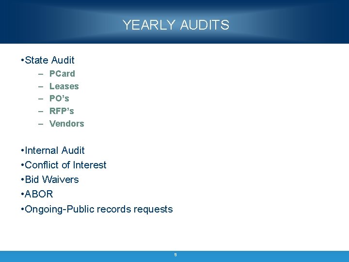 YEARLY AUDITS • State Audit – – – PCard Leases PO’s RFP’s Vendors •