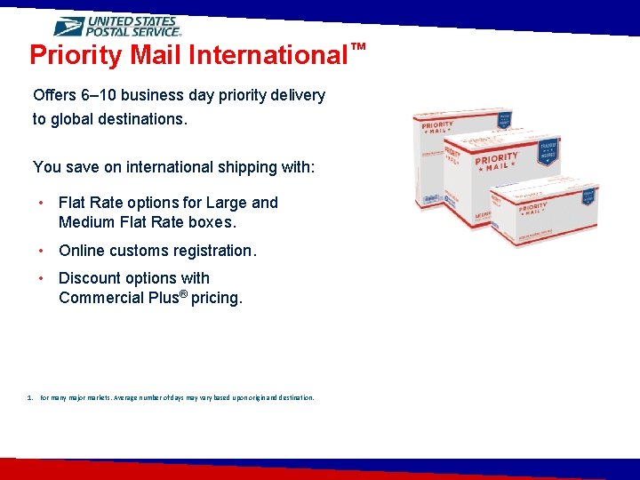 Priority Mail International™ Offers 6– 10 business day priority delivery to global destinations. You