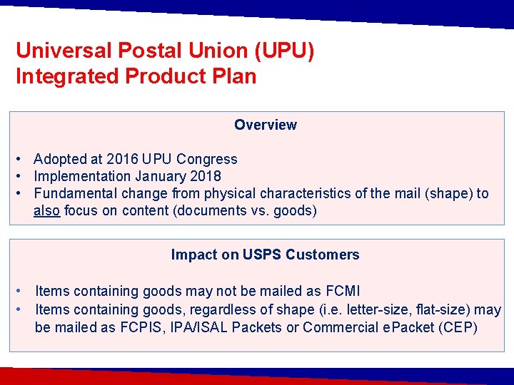 Universal Postal Union (UPU) Integrated Product Plan Overview • Adopted at 2016 UPU Congress