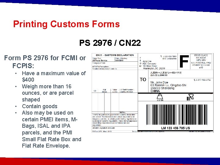 Printing Customs Forms PS 2976 / CN 22 Form PS 2976 for FCMI or