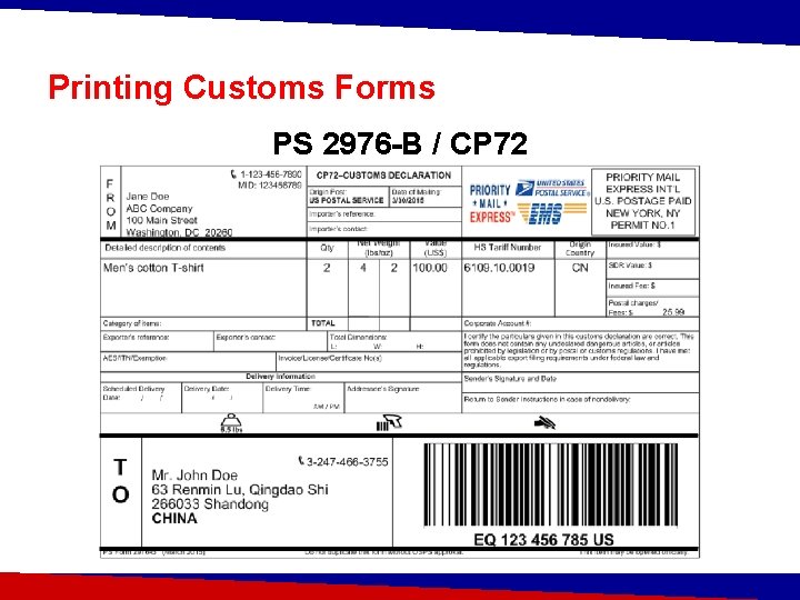 Printing Customs Forms PS 2976 -B / CP 72 