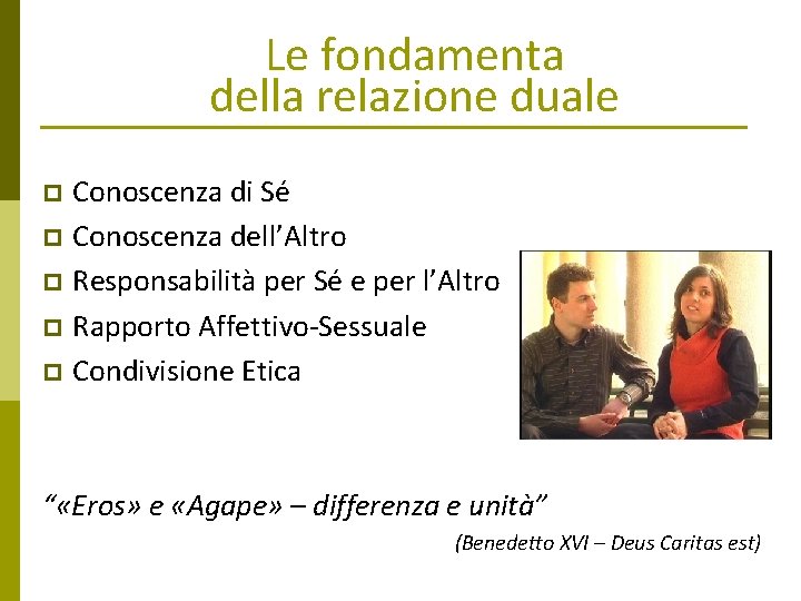 Le fondamenta della relazione duale Conoscenza di Sé p Conoscenza dell’Altro p Responsabilità per