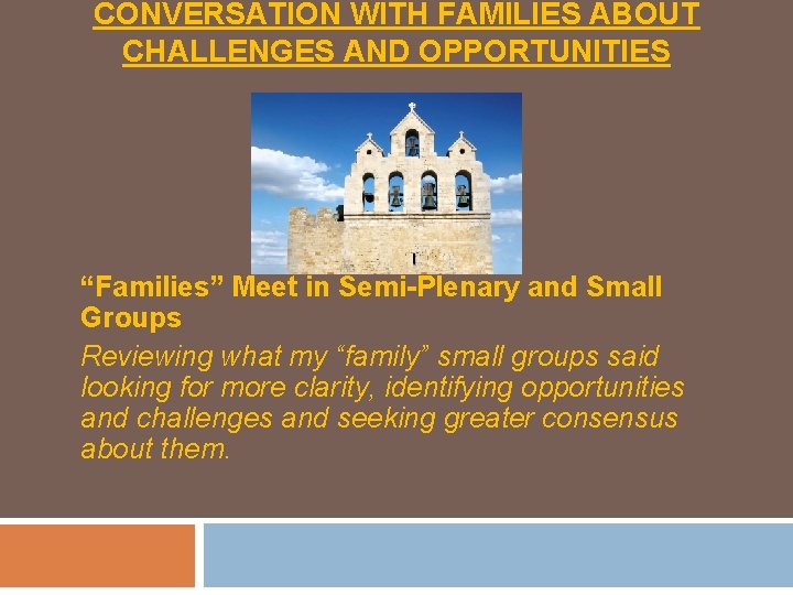 CONVERSATION WITH FAMILIES ABOUT CHALLENGES AND OPPORTUNITIES “Families” Meet in Semi-Plenary and Small Groups