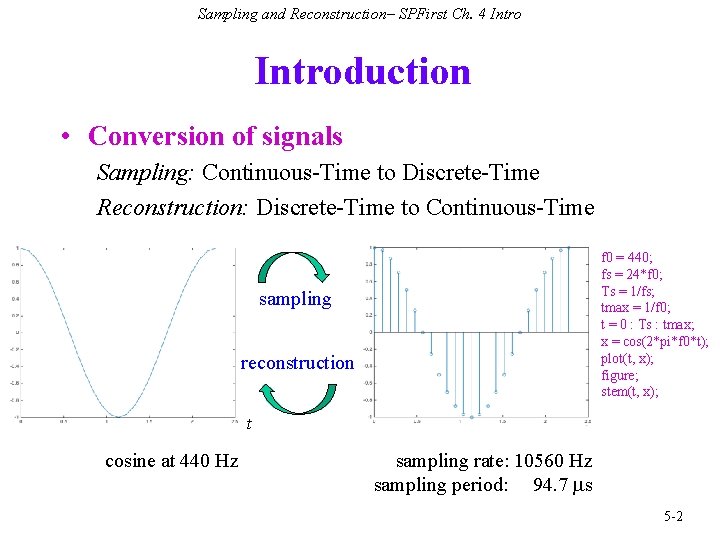 Sampling and Reconstruction– SPFirst Ch. 4 Introduction • Conversion of signals Sampling: Continuous-Time to