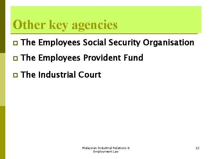 Other key agencies p The Employees Social Security Organisation p The Employees Provident Fund