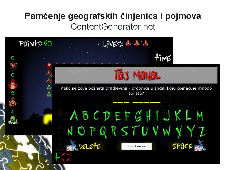 Pamćenje geografskih činjenica i pojmova Content. Generator. net STO CARNet, 25. 4. 2014. 21