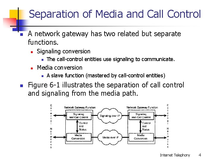 Separation of Media and Call Control n A network gateway has two related but