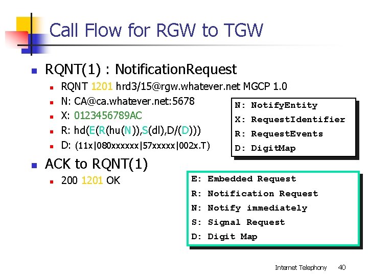 Call Flow for RGW to TGW n RQNT(1) : Notification. Request n n n