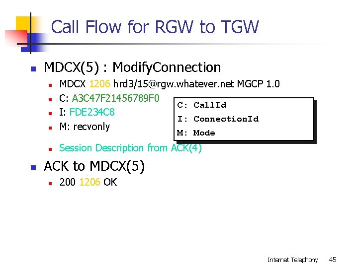 Call Flow for RGW to TGW n MDCX(5) : Modify. Connection n MDCX 1206