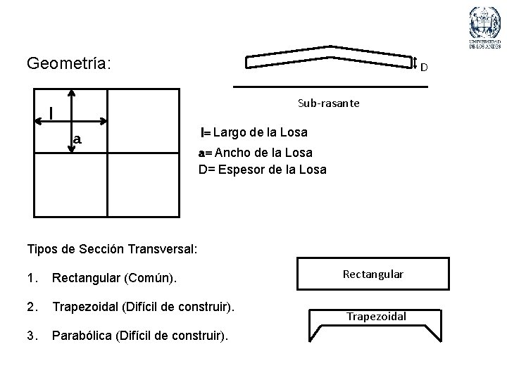 Geometría: D Sub-rasante l a l= Largo de la Losa a= Ancho de la