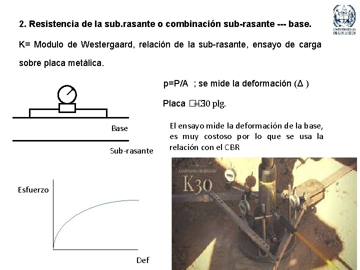 2. Resistencia de la sub. rasante o combinación sub-rasante --- base. K= Modulo de