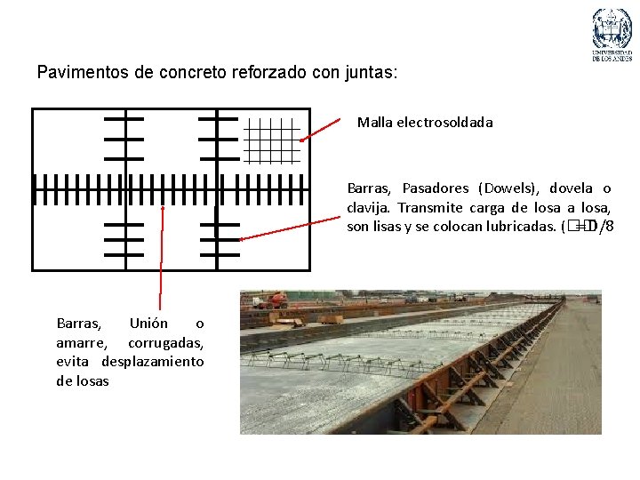 Pavimentos de concreto reforzado con juntas: Malla electrosoldada Barras, Pasadores (Dowels), dovela o clavija.