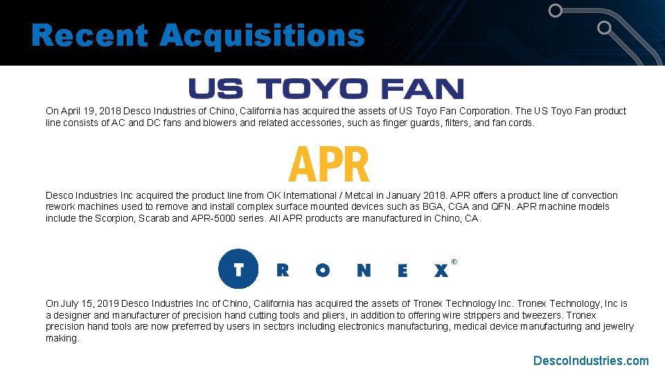 Recent Acquisitions On April 19, 2018 Desco Industries of Chino, California has acquired the Recent Acquisitions On April 19, 2018 Desco Industries of Chino, California has acquired the