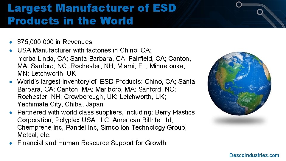 Largest Manufacturer of ESD Products in the World · $75, 000 in Revenues · Largest Manufacturer of ESD Products in the World · $75, 000 in Revenues ·