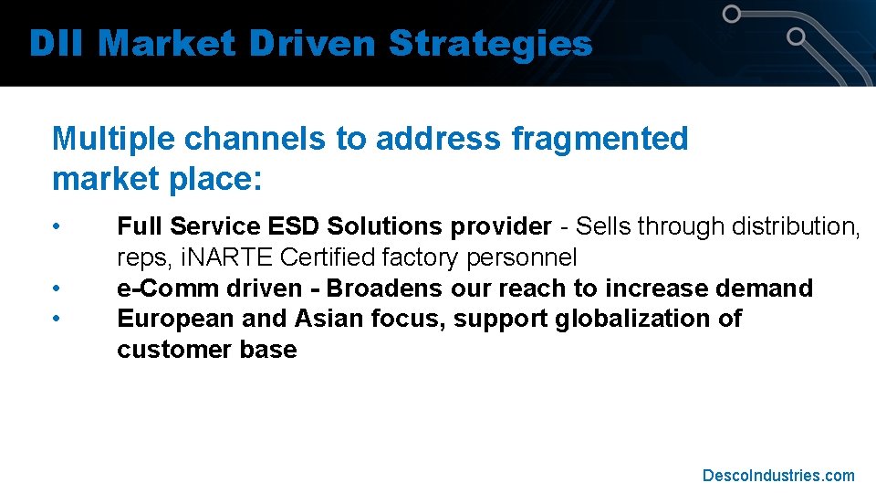 DII Market Driven Strategies Multiple channels to address fragmented market place: • • • DII Market Driven Strategies Multiple channels to address fragmented market place: • • •