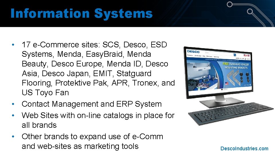 Information Systems • 17 e-Commerce sites: SCS, Desco, ESD Systems, Menda, Easy. Braid, Menda Information Systems • 17 e-Commerce sites: SCS, Desco, ESD Systems, Menda, Easy. Braid, Menda