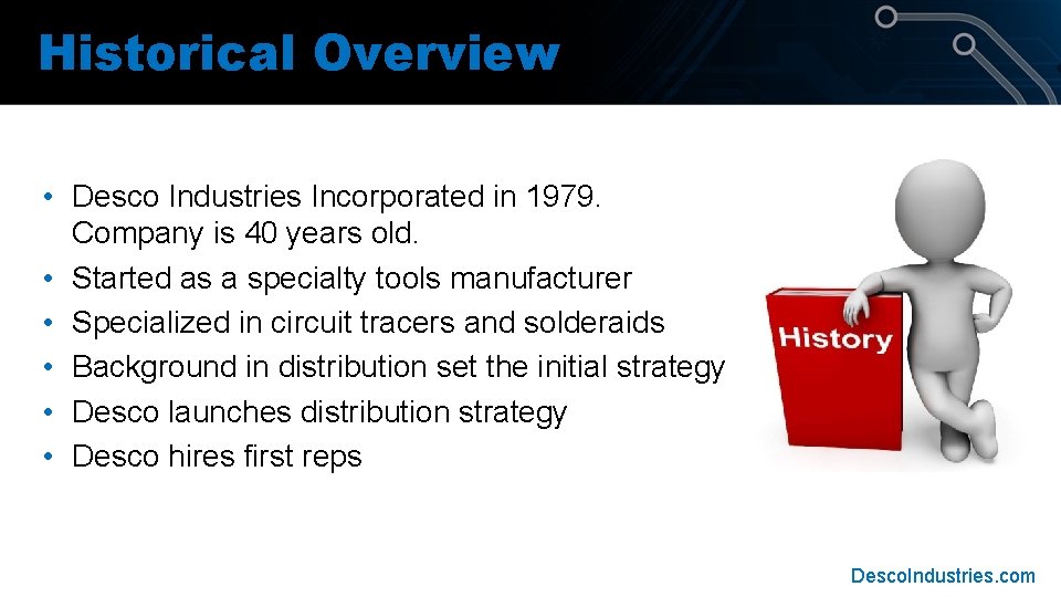Historical Overview • Desco Industries Incorporated in 1979. Company is 40 years old. • Historical Overview • Desco Industries Incorporated in 1979. Company is 40 years old. •