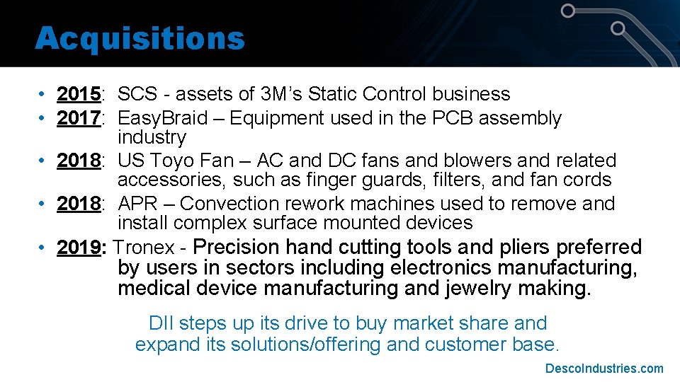 Acquisitions • 2015: SCS - assets of 3 M’s Static Control business • 2017: Acquisitions • 2015: SCS - assets of 3 M’s Static Control business • 2017: