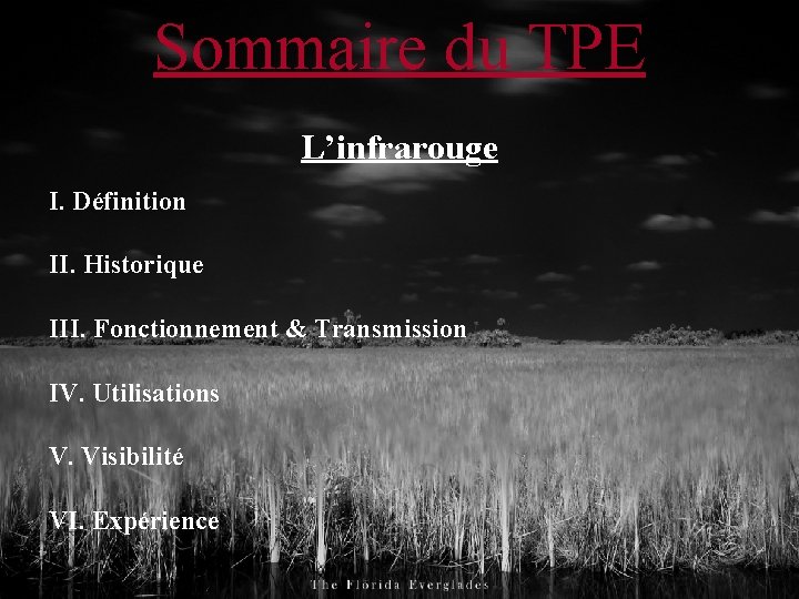 Sommaire du TPE L’infrarouge I. Définition II. Historique III. Fonctionnement & Transmission IV. Utilisations