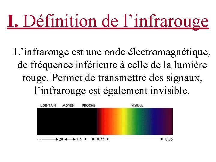 I. Définition de l’infrarouge L’infrarouge est une onde électromagnétique, de fréquence inférieure à celle