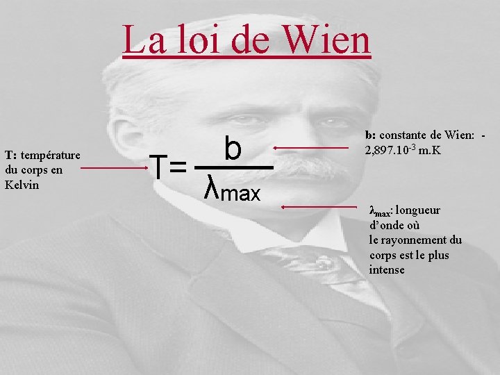 La loi de Wien T: température du corps en Kelvin T= b λmax b: