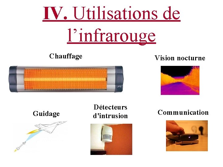 IV. Utilisations de l’infrarouge Chauffage Guidage Vision nocturne Détecteurs d'intrusion Communication 