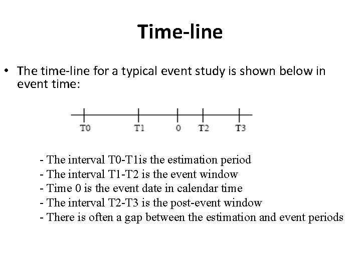 Time-line • The time-line for a typical event study is shown below in event