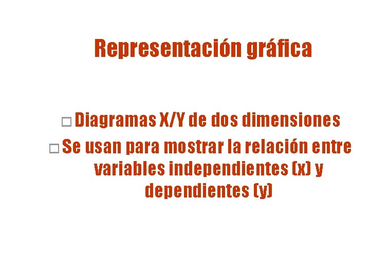 Representación gráfica o Diagramas X/Y de dos dimensiones o Se usan para mostrar la Representación gráfica o Diagramas X/Y de dos dimensiones o Se usan para mostrar la