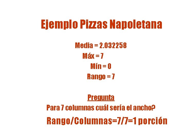 Ejemplo Pizzas Napoletana Media = 2. 032258 Máx = 7 Mín = 0 Rango Ejemplo Pizzas Napoletana Media = 2. 032258 Máx = 7 Mín = 0 Rango