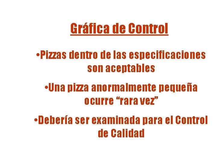 Gráfica de Control • Pizzas dentro de las especificaciones son aceptables • Una pizza Gráfica de Control • Pizzas dentro de las especificaciones son aceptables • Una pizza