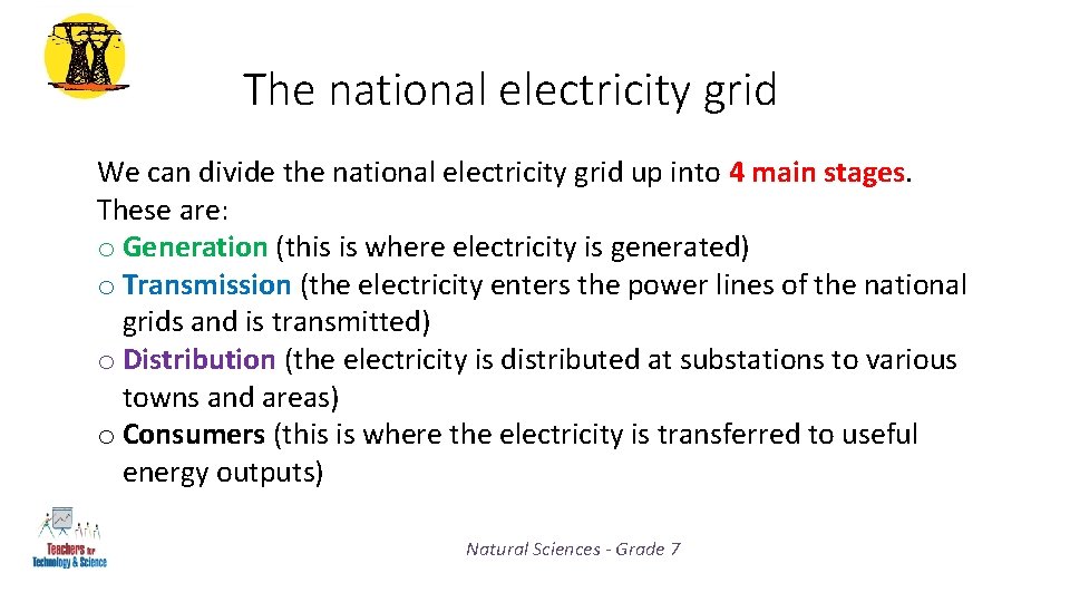 The national electricity grid We can divide the national electricity grid up into 4