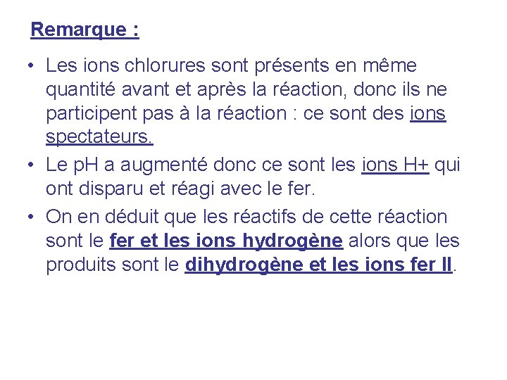 Remarque : • Les ions chlorures sont présents en même quantité avant et après Remarque : • Les ions chlorures sont présents en même quantité avant et après