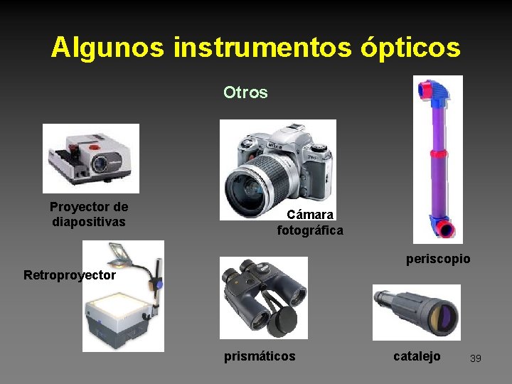 Algunos instrumentos ópticos Otros Proyector de diapositivas Cámara fotográfica periscopio Retroproyector prismáticos catalejo 39