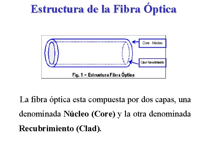 Estructura de la Fibra Óptica La fibra óptica esta compuesta por dos capas, una