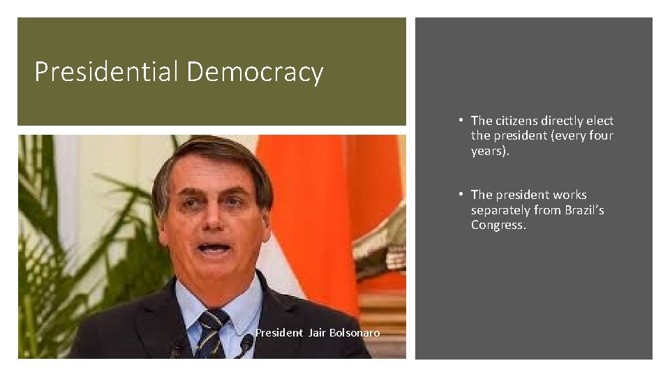 Presidential Democracy • The citizens directly elect the president (every four years). • The