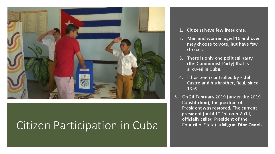 1. Citizens have few freedoms. 2. Men and women aged 16 and over may