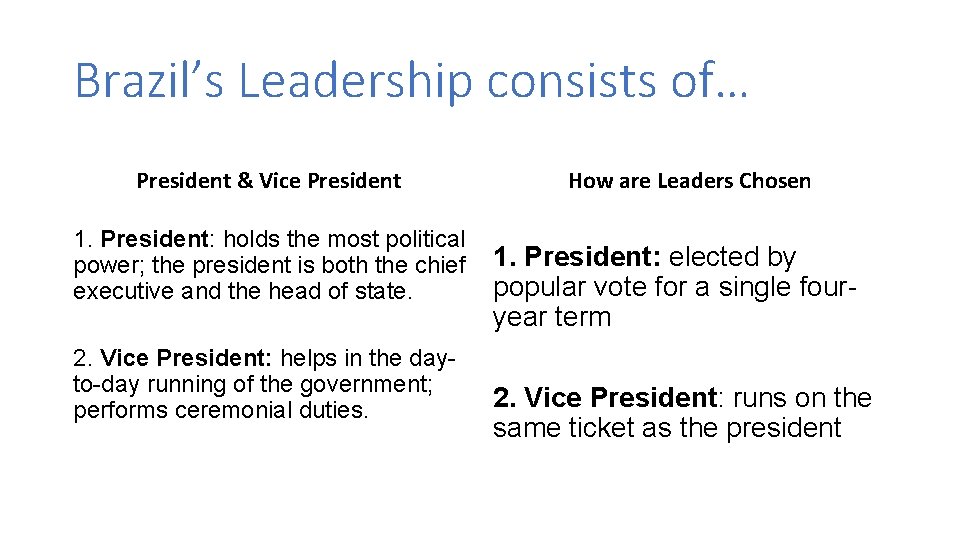 Brazil’s Leadership consists of… President & Vice President 1. President: holds the most political