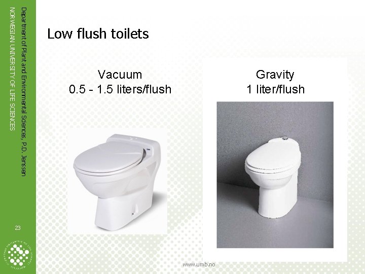 Gravity 1 liter/flush Vacuum 0. 5 - 1. 5 liters/flush NORWEGIAN UNIVERSITY OF LIFE