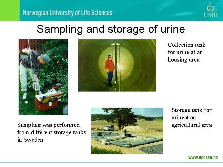 Sampling and storage of urine Collection tank for urine at an housing area Sampling