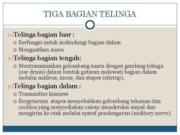 TIGA BAGIAN TELINGA Telinga bagian luar : Berfungsi untuk melindungi bagian dalam Menguatkan suara