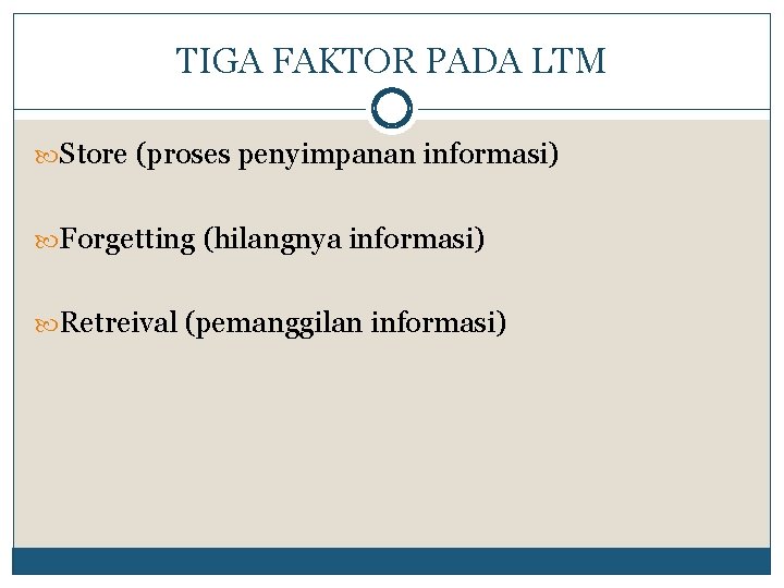 TIGA FAKTOR PADA LTM Store (proses penyimpanan informasi) Forgetting (hilangnya informasi) Retreival (pemanggilan informasi)
