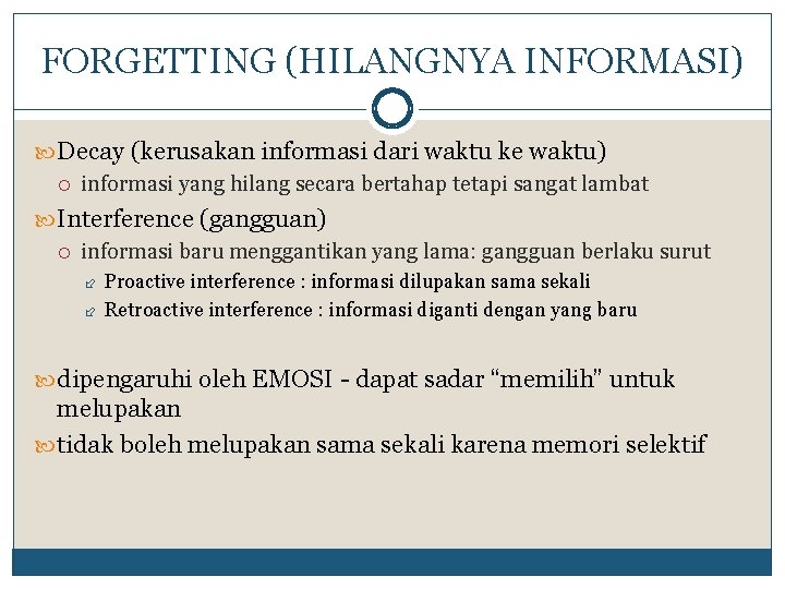 FORGETTING (HILANGNYA INFORMASI) Decay (kerusakan informasi dari waktu ke waktu) informasi yang hilang secara