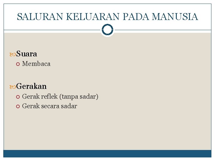 SALURAN KELUARAN PADA MANUSIA Suara Membaca Gerakan Gerak reflek (tanpa sadar) Gerak secara sadar